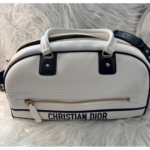 Christian Dior White Leather‎ Bowling Bag with Gold Hardware & Adjustable Strap - Picture 1 of 16
